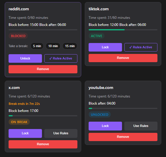 FocusLock website cards showing lock states and break actions
