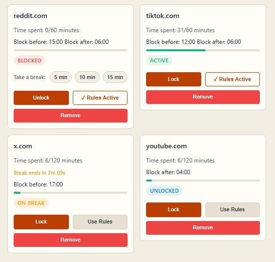 FocusLock website cards showing lock states and break actions